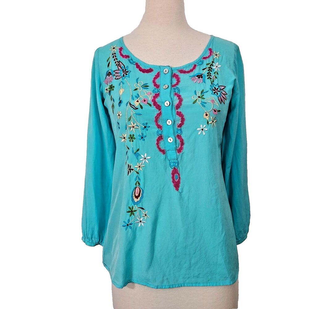 Scully Womens Size M Embroidered Hippie Boho Peasant Top Blouse Blue Floral
